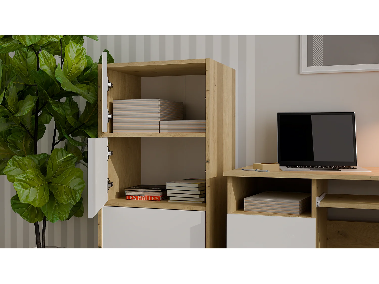 ALMA - Commode  - 4 portes pour chambre à coucher - 50x119x40 cm - Chêne Artisan / Blanc