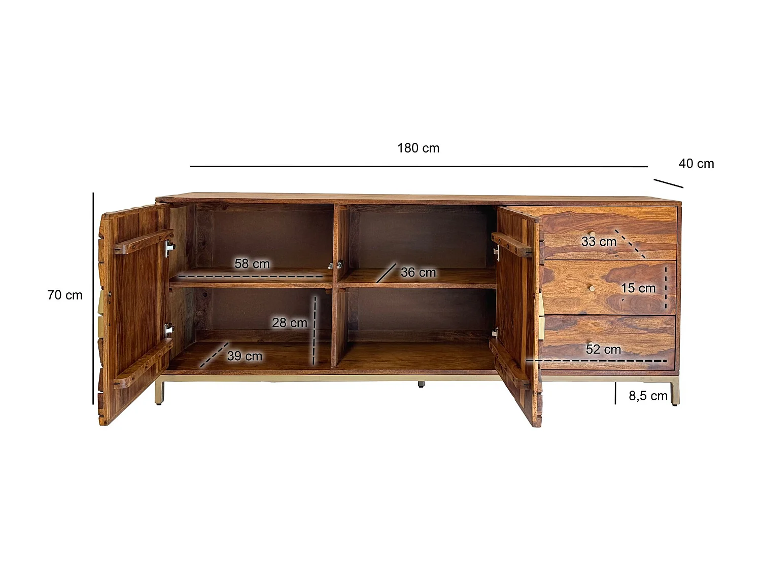 Buffet  en bois massif de Sesham 180 cm, commode, portes et tiroirs