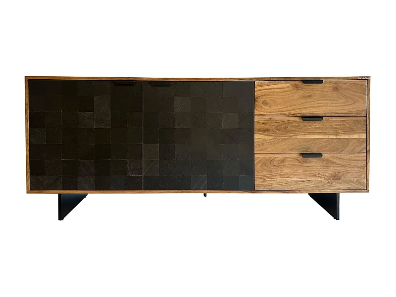 Buffet haute 180  cm bois massif d'acacia 3 tiroirs portes aspect pierre