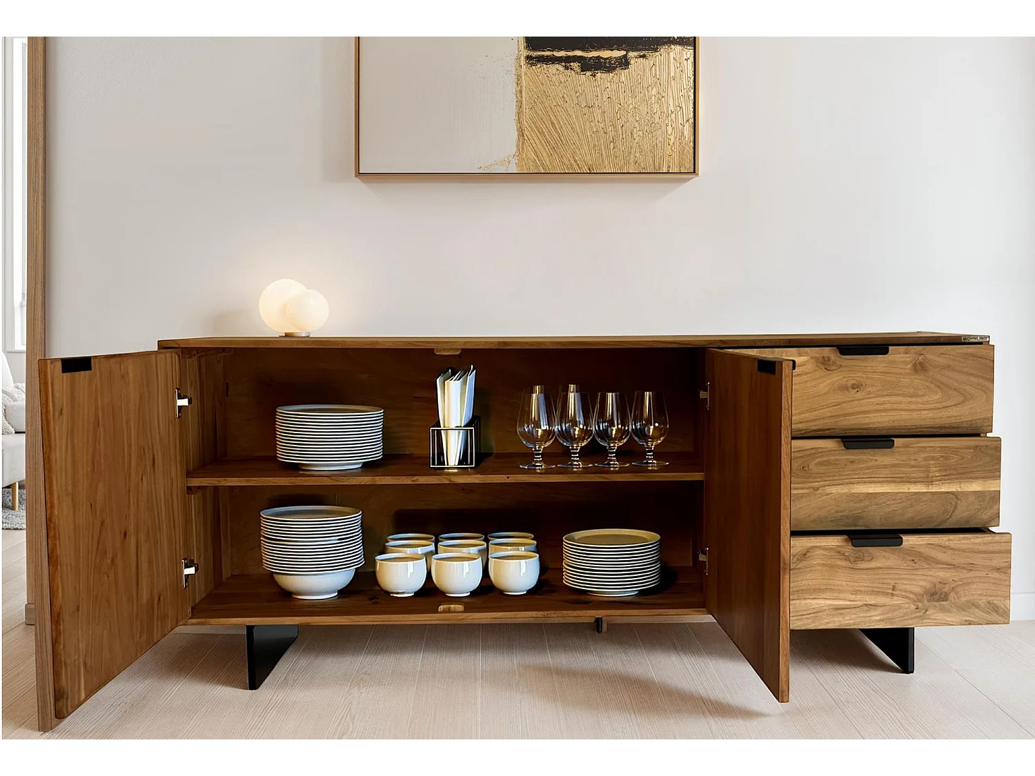 Buffet haute 180  cm bois massif d'acacia 3 tiroirs portes aspect pierre