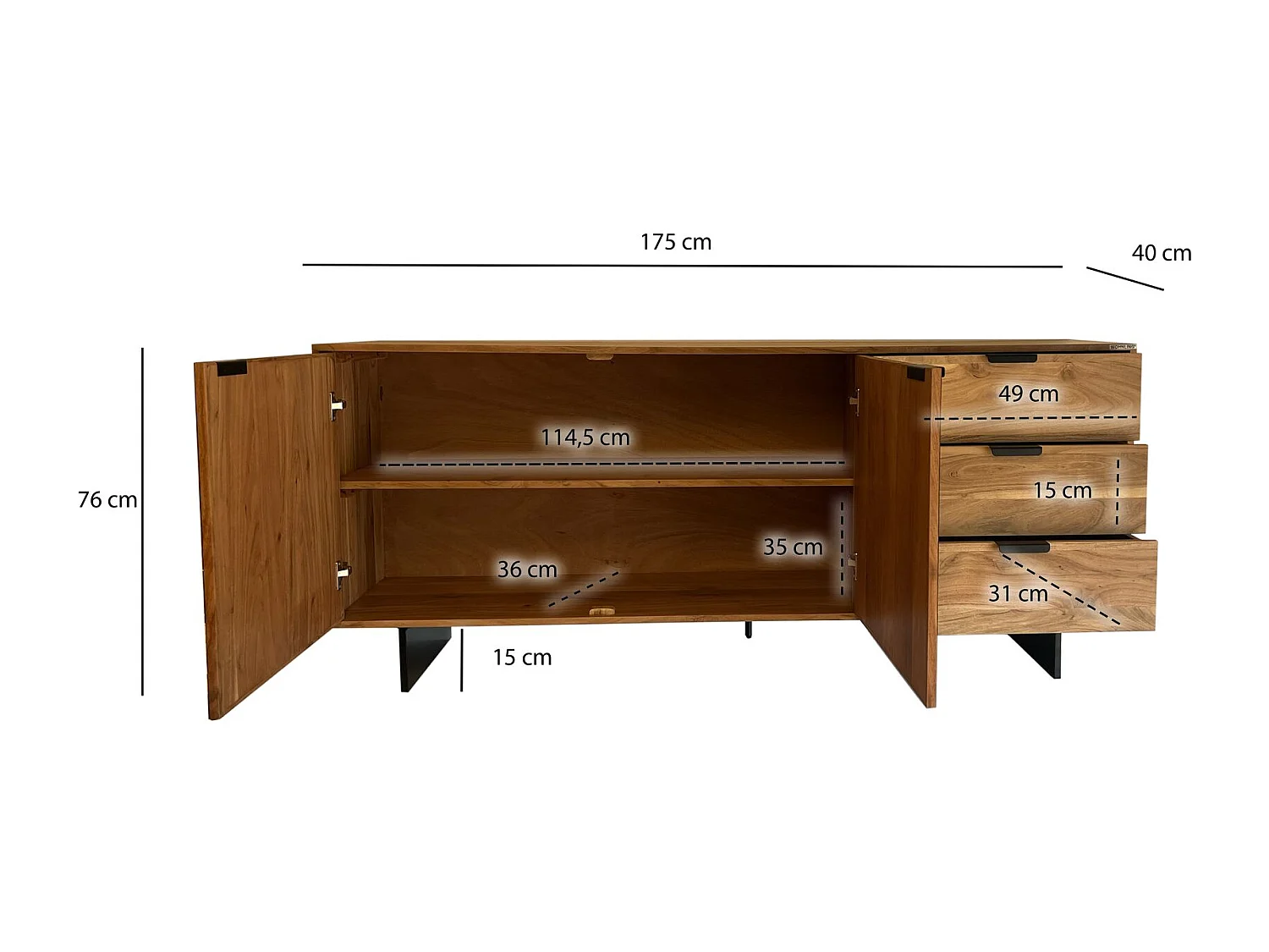 Buffet haute 180  cm bois massif d'acacia 3 tiroirs portes aspect pierre