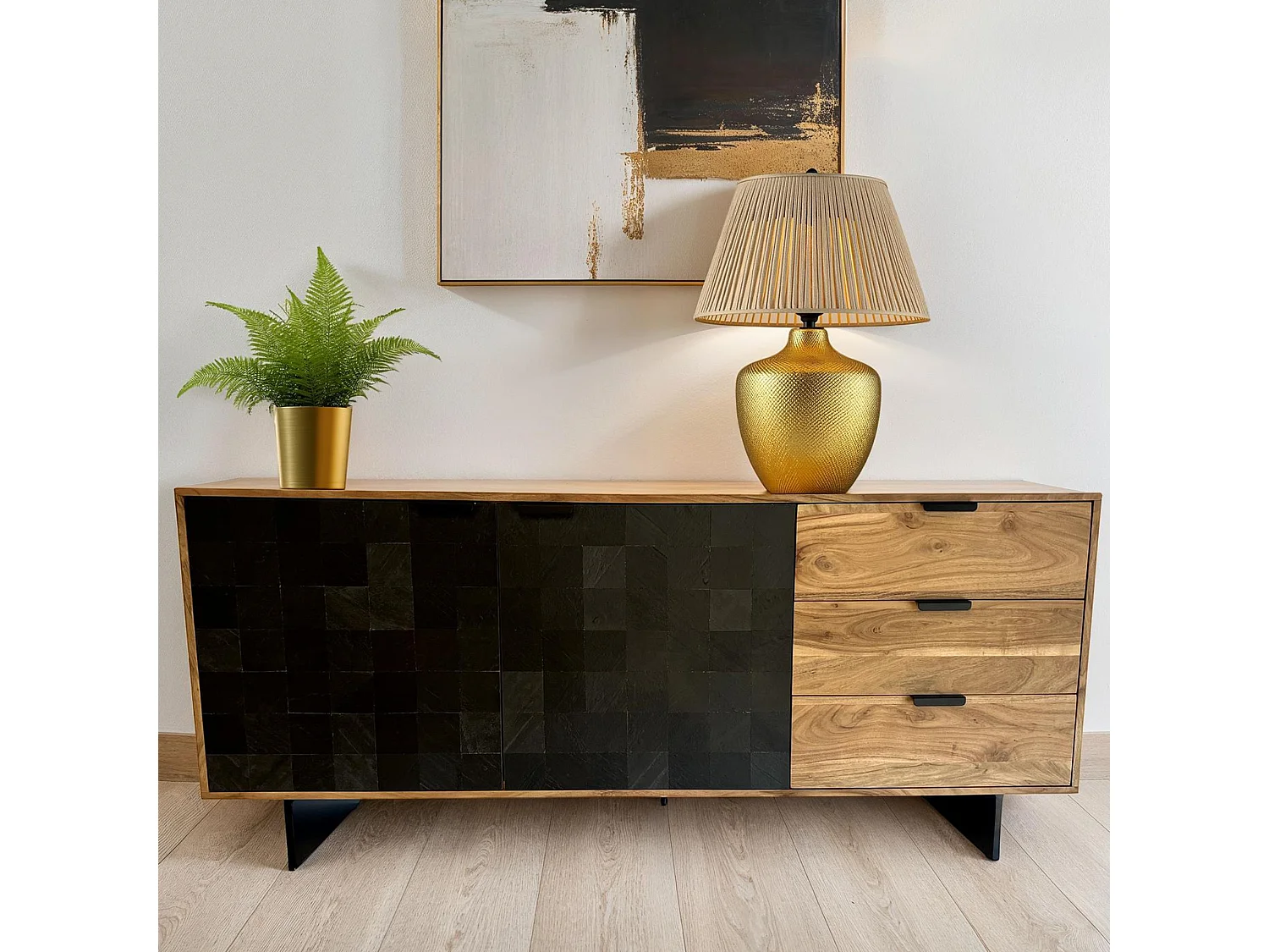 Buffet haute 180  cm bois massif d'acacia 3 tiroirs portes aspect pierre