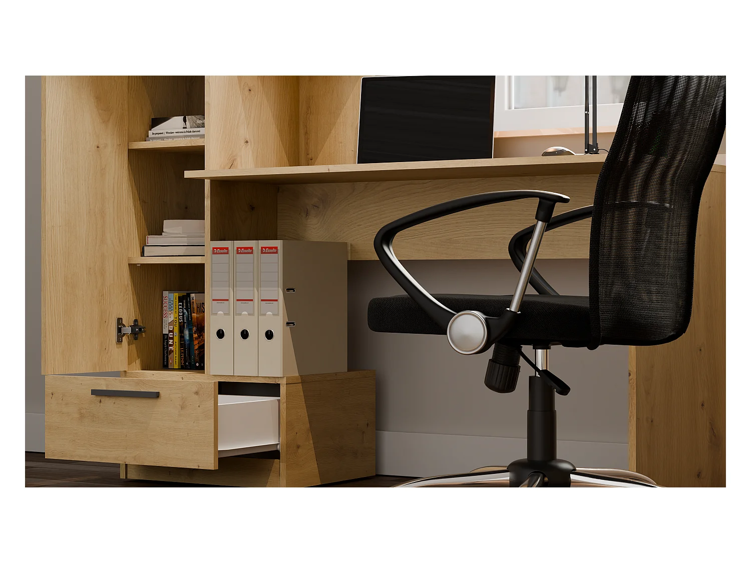 COSMO - Escritorio roble artesanal con 6 estantes, 1 cajón y 1 puerta