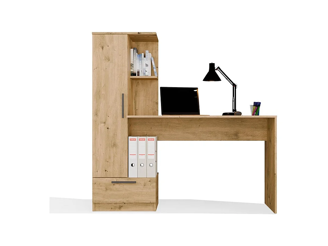 COSMO - Escritorio roble artesanal con 6 estantes, 1 cajón y 1 puerta