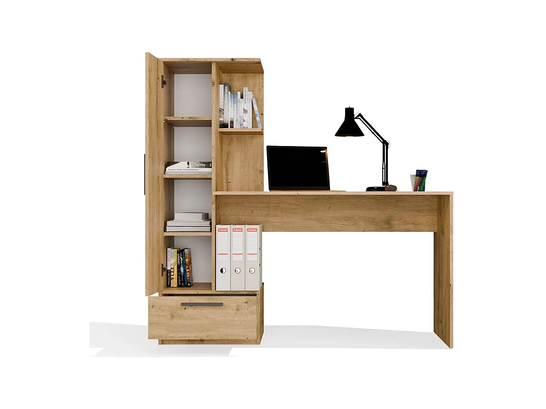 COSMO - Escritorio roble artesanal con 6 estantes, 1 cajón y 1 puerta