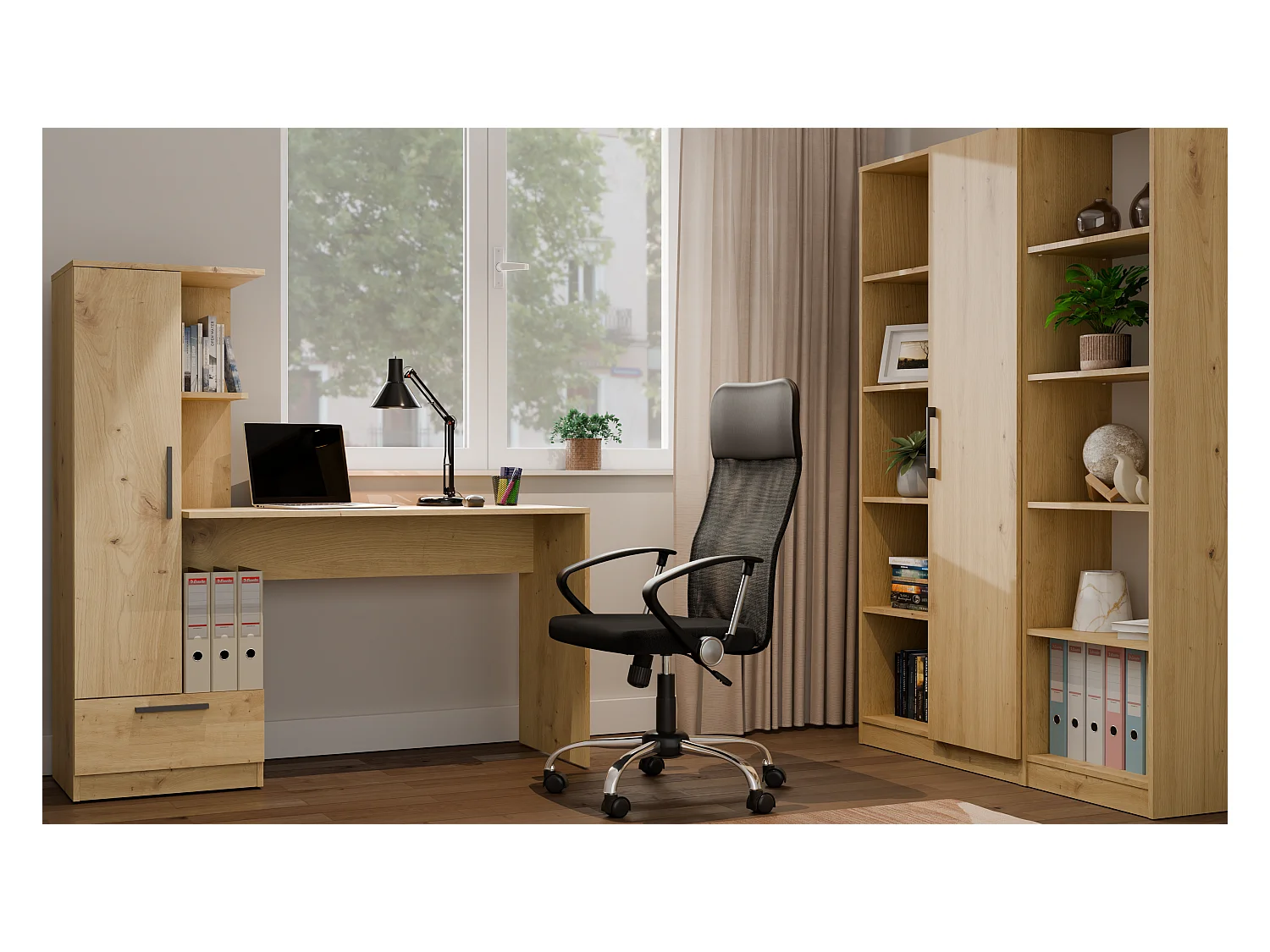 COSMO - Escritorio roble artesanal con 6 estantes, 1 cajón y 1 puerta
