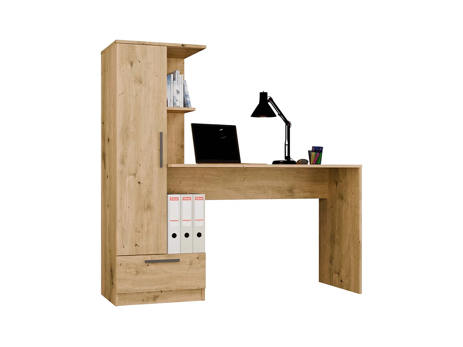 COSMO - Scrivania rovere artigianale con 6 scaffali, 1 cassetto e 1 anta