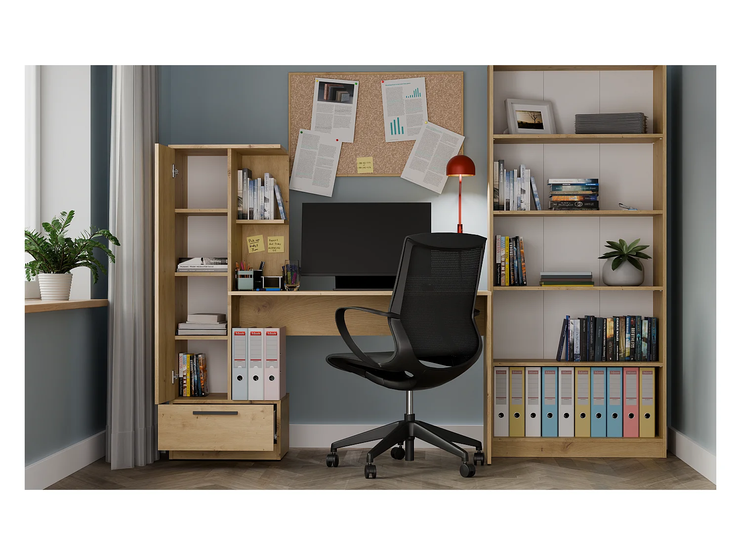 COSMO - Scrivania rovere artigianale con 6 scaffali, 1 cassetto e 1 anta