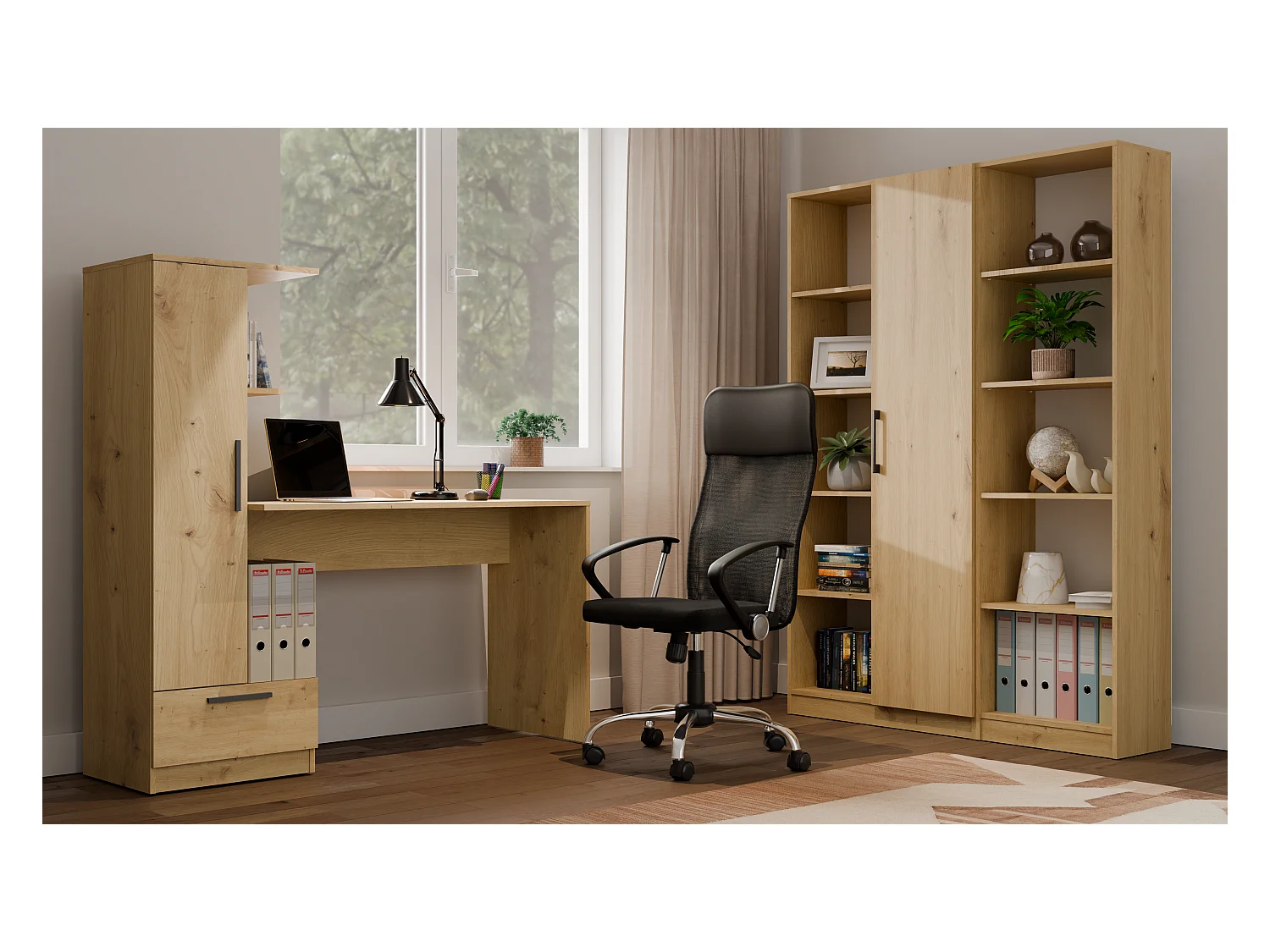 COSMO - Scrivania rovere artigianale con 6 scaffali, 1 cassetto e 1 anta