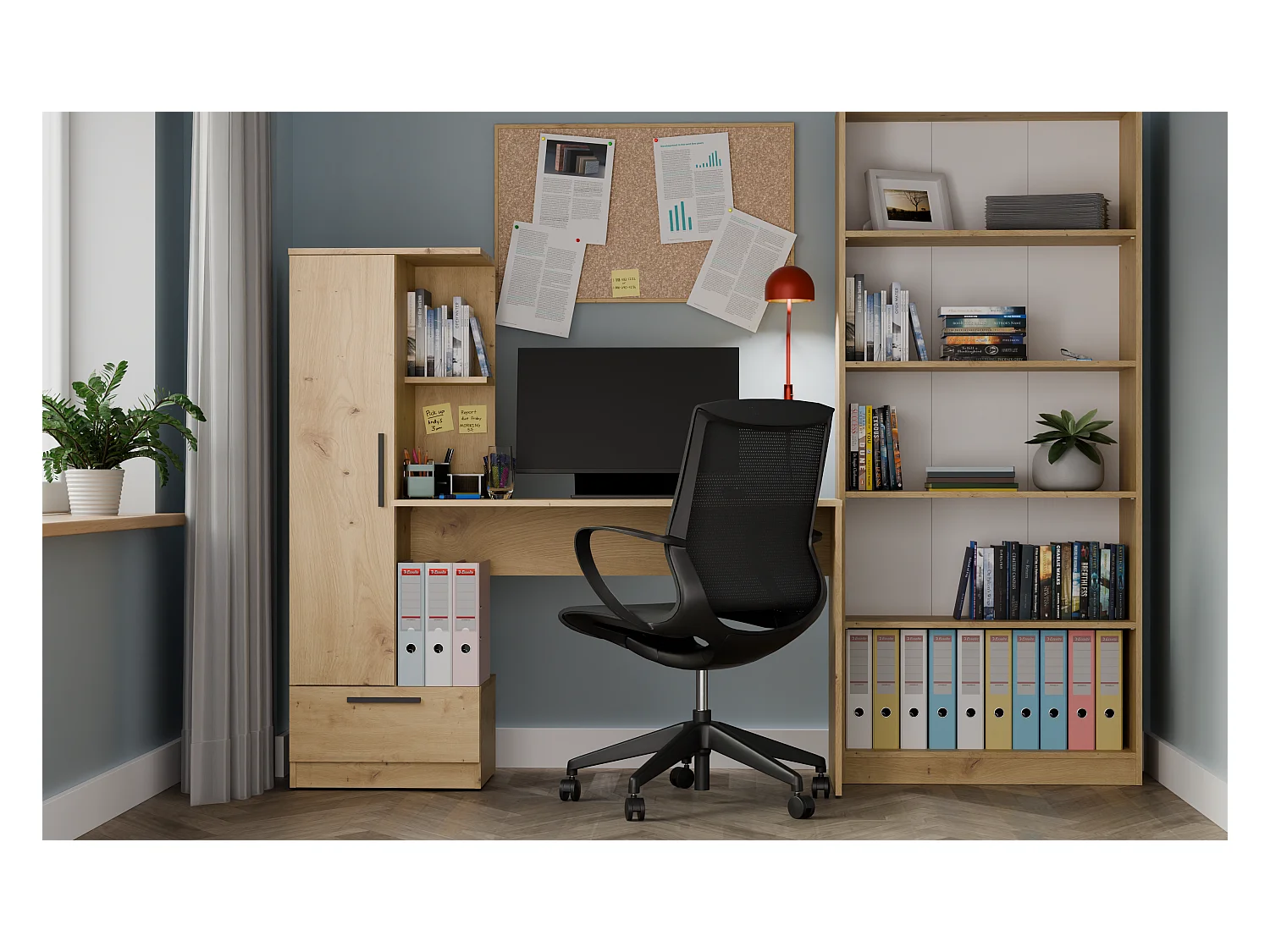 COSMO - Scrivania rovere artigianale con 6 scaffali, 1 cassetto e 1 anta