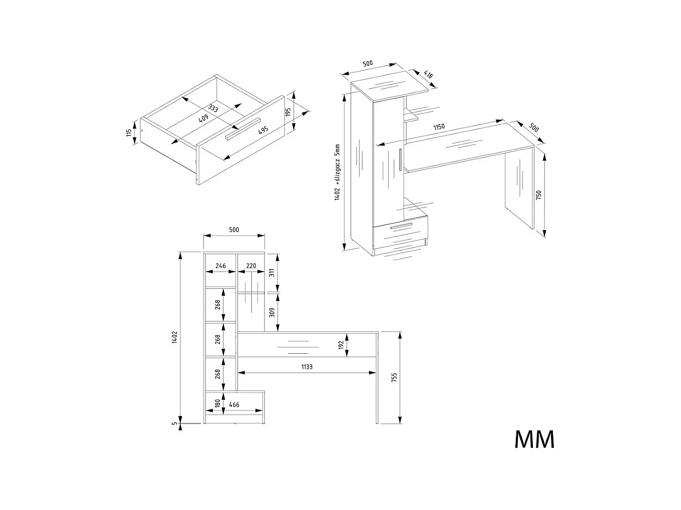 COSMO - Scrivania rovere artigianale con 6 scaffali, 1 cassetto e 1 anta