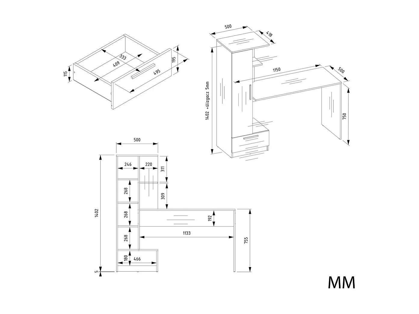 COSMO - Scrivania rovere artigianale con 6 scaffali, 1 cassetto e 1 anta