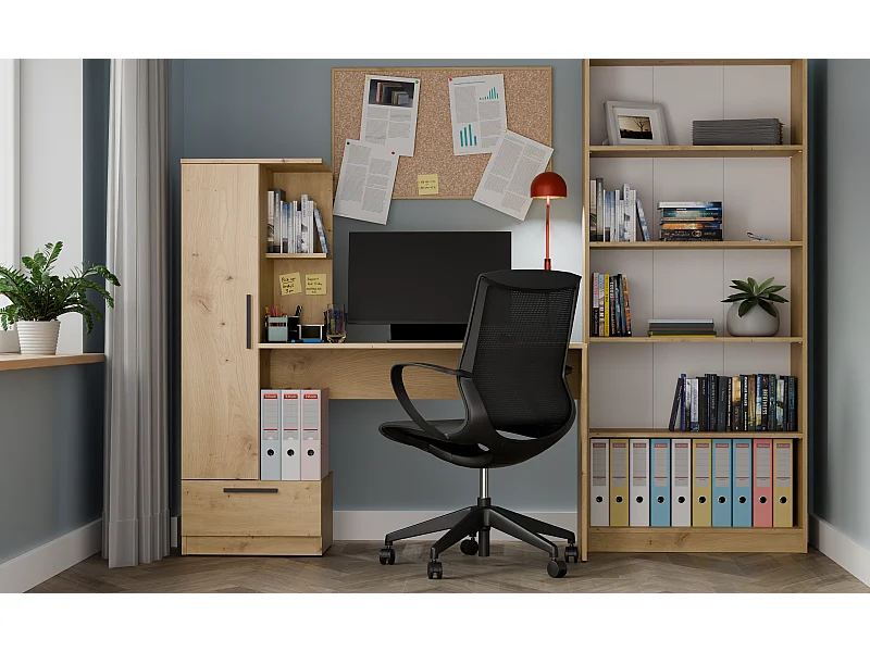 COSMO - Ensemble bureau chêne artisan avec 6 étagères, 1 tiroir et 1 porte