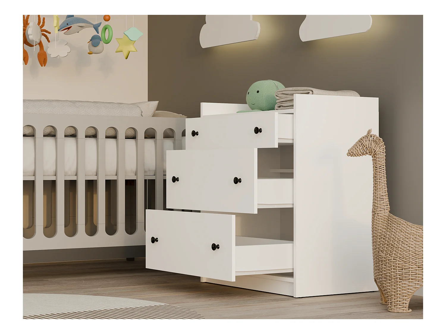 HOUSTON - Commode - armoire 3 tiroirs pour salon, entrée ou chambre d’enfant, blanche