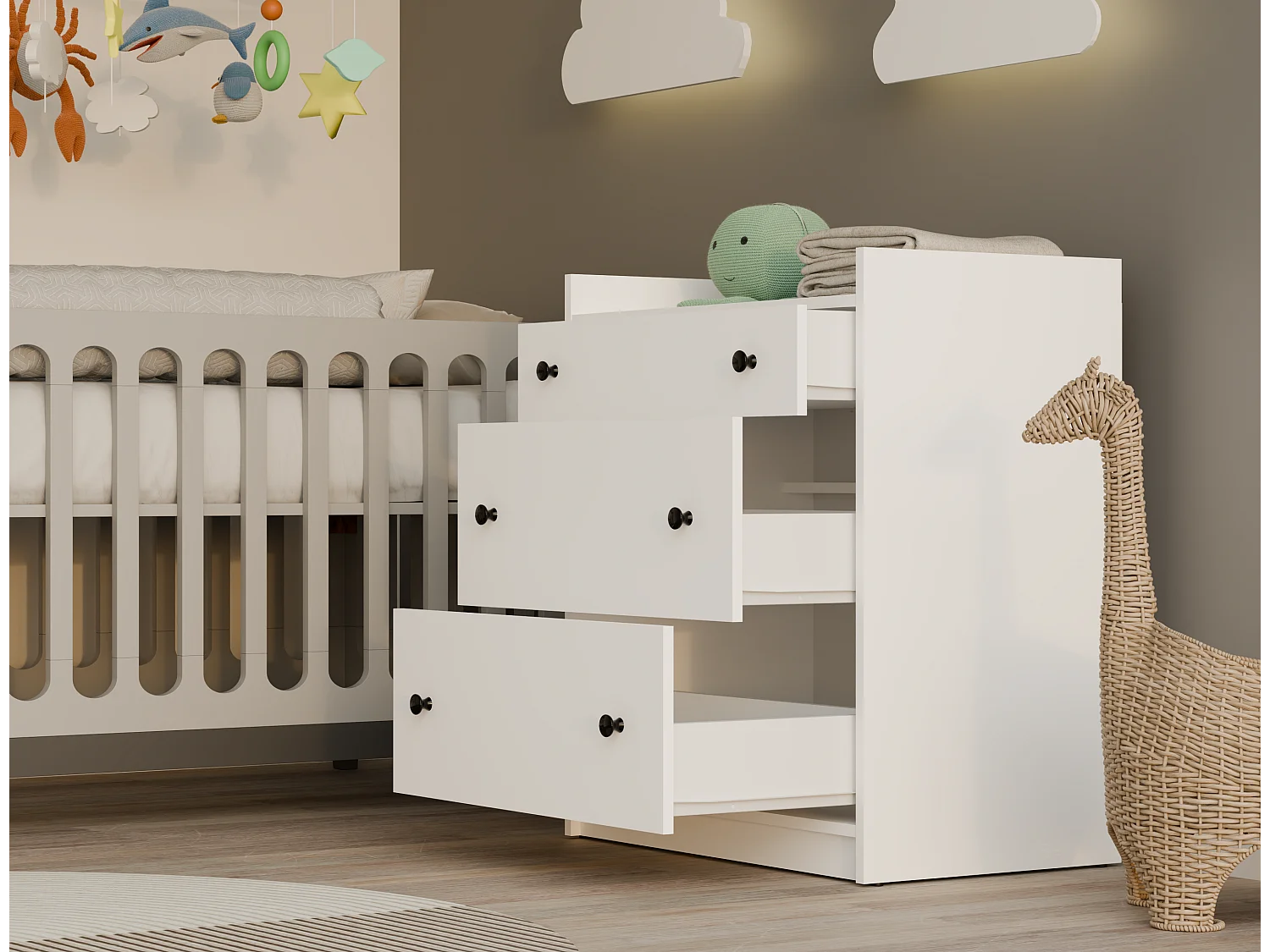 HOUSTON - Cassettiera - 3 cassetti per soggiorno, ingresso o camera bambini, colore bianco