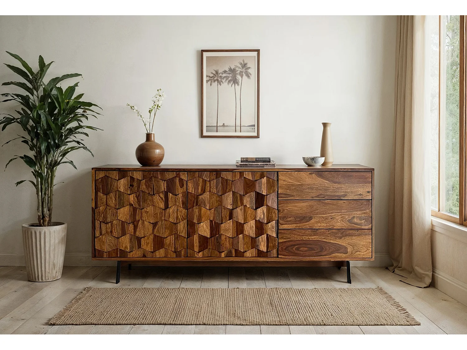 Buffet Bois Massif Sheesham 175 cm style industriel portes et tiroirs