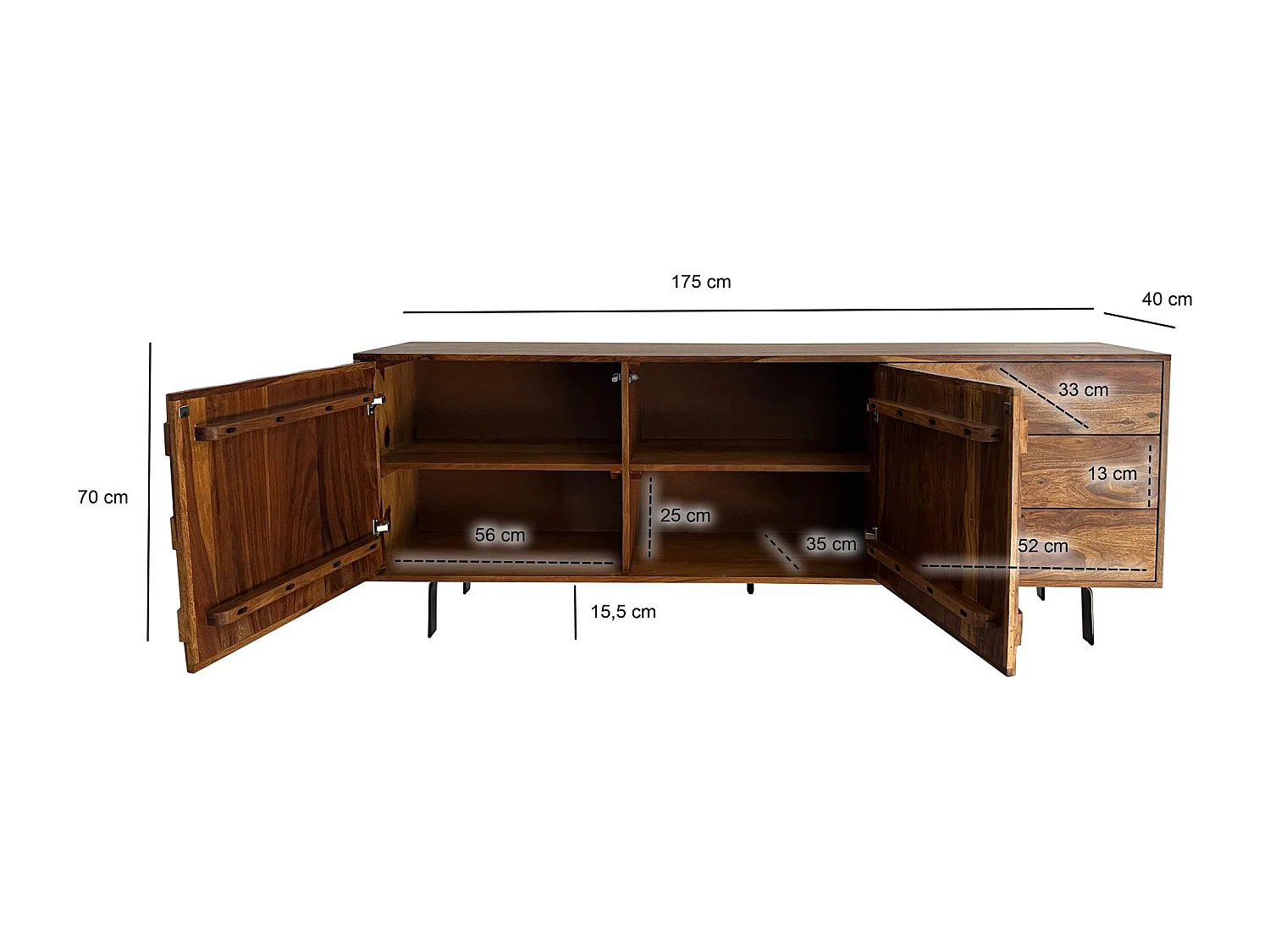 Buffet Bois Massif Sheesham 175 cm style industriel portes et tiroirs