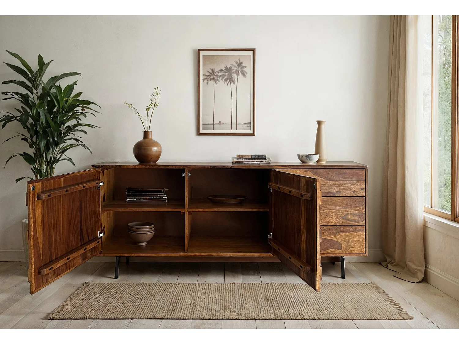 Buffet Bois Massif Sheesham 175 cm style industriel portes et tiroirs