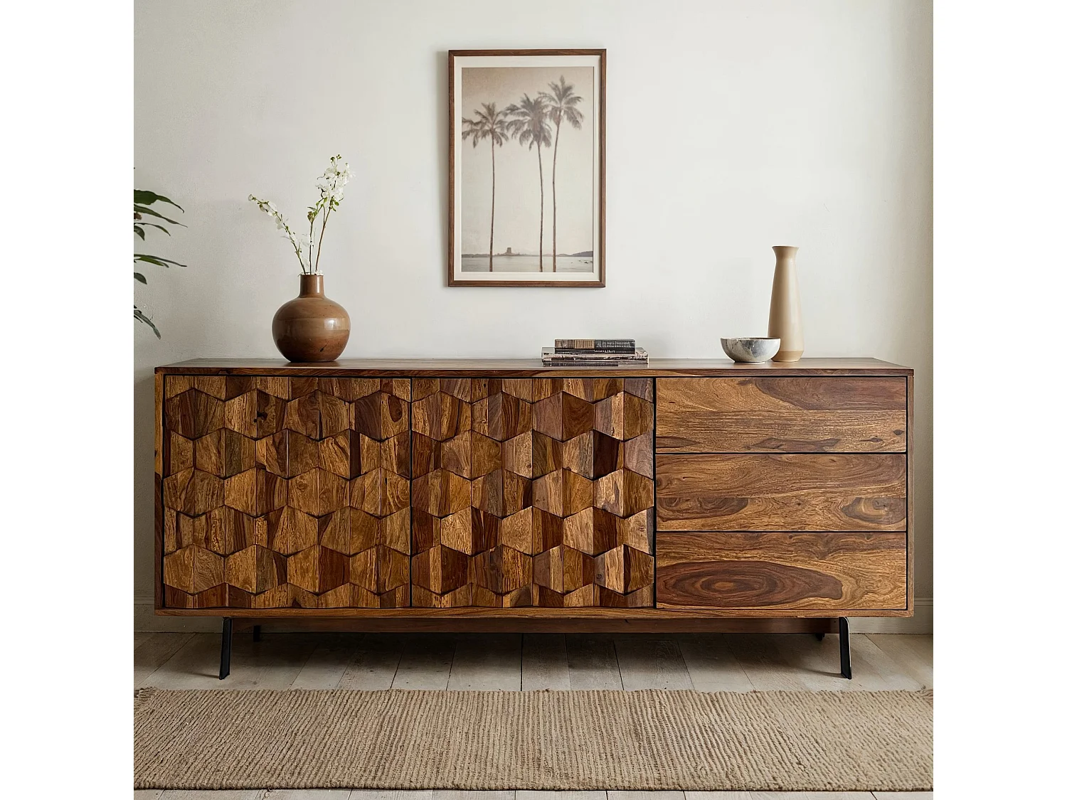 Buffet Bois Massif Sheesham 175 cm style industriel portes et tiroirs