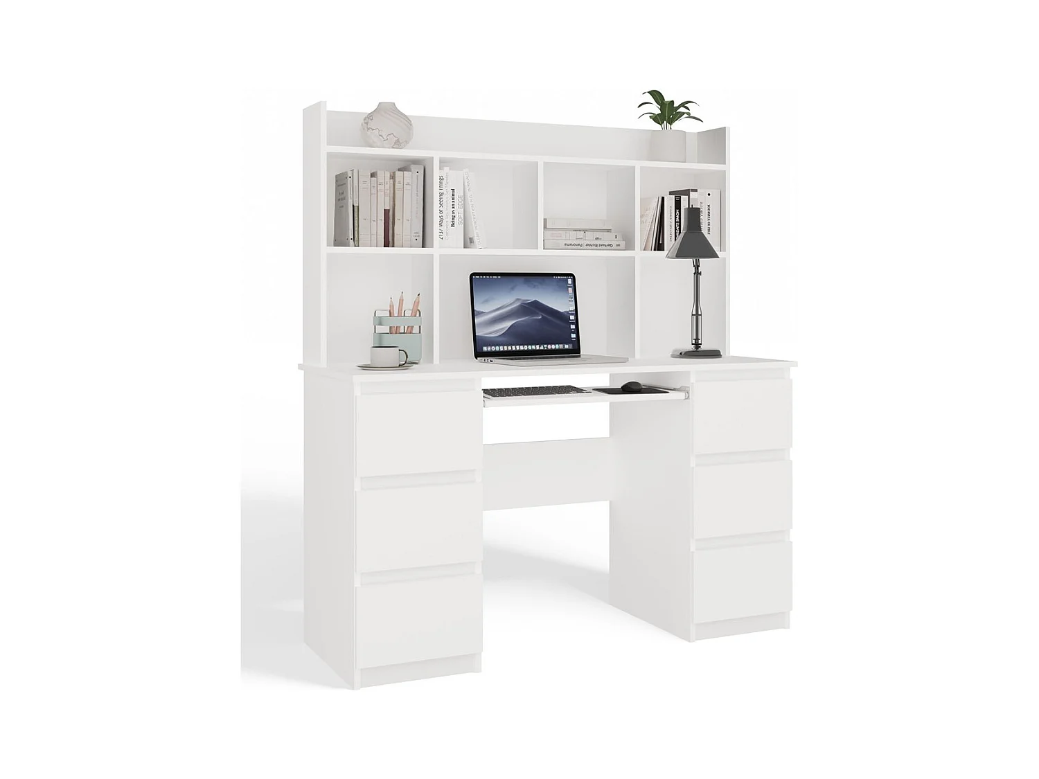 KUBA - Bureau avec étagère supérieure - blanc mat - 6 tiroirs & rangements
