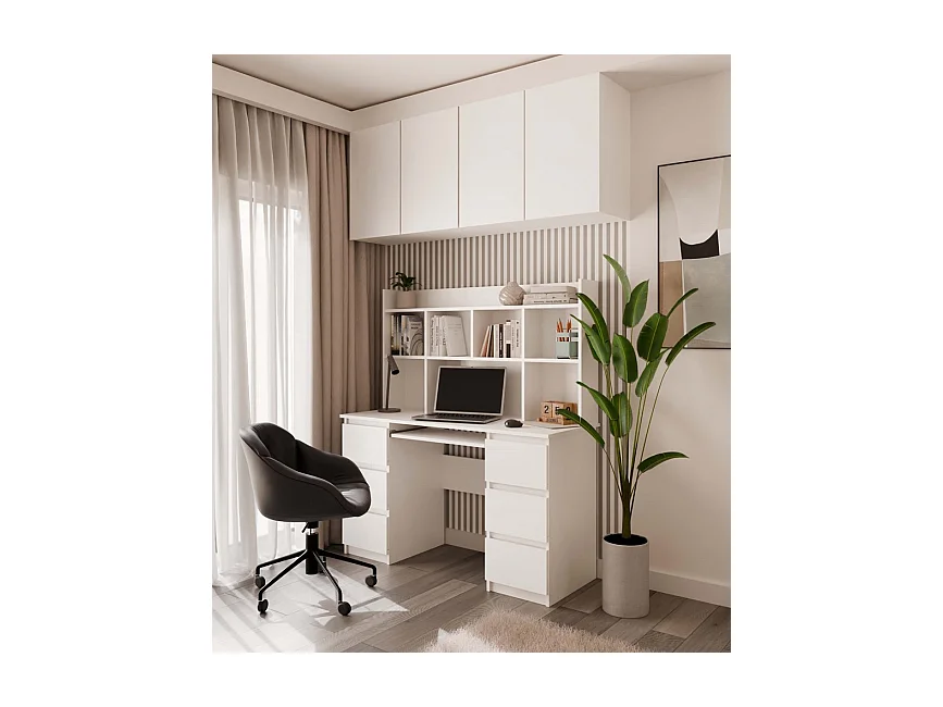 KUBA - Bureau avec étagère supérieure - blanc mat - 6 tiroirs & rangements