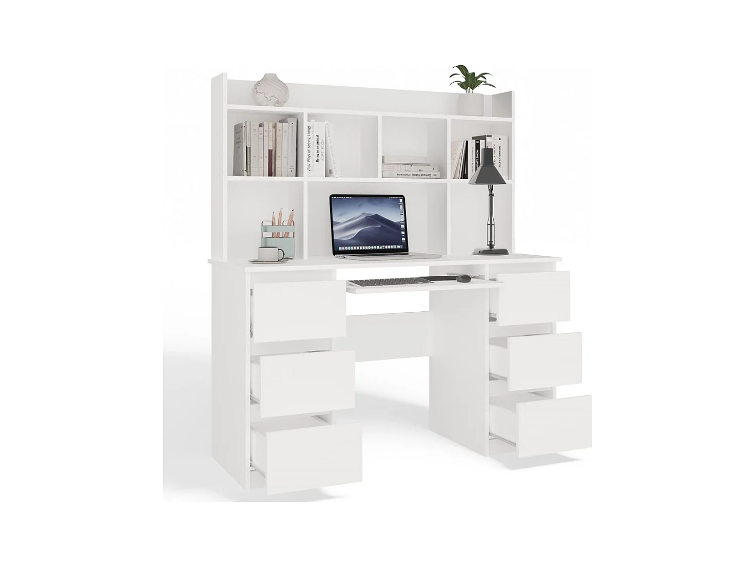 KUBA - Bureau avec étagère supérieure - blanc mat - 6 tiroirs & rangements