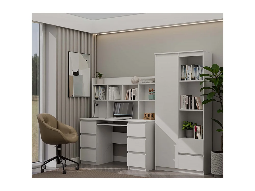 Kuba - scrivania con soprastruttura – bianco opaco – 6 cassetti + ripiani