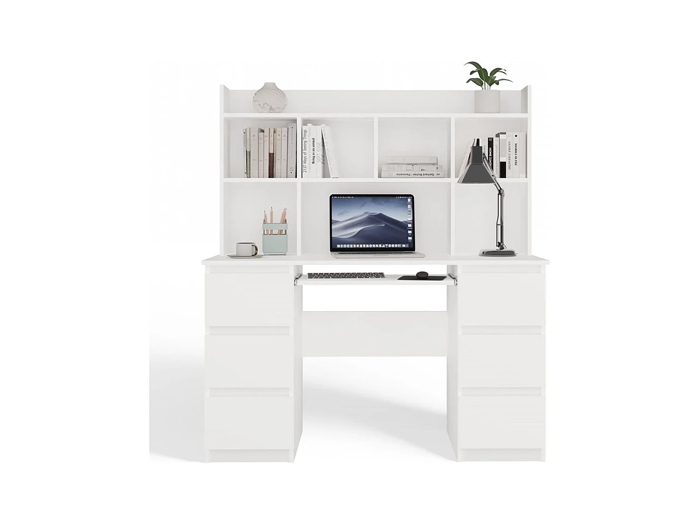 Kuba - scrivania con soprastruttura – bianco opaco – 6 cassetti + ripiani