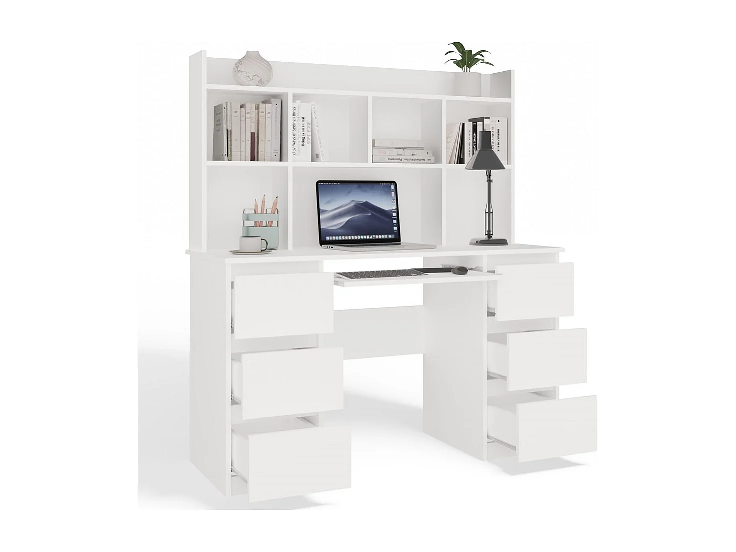 Kuba - scrivania con soprastruttura – bianco opaco – 6 cassetti + ripiani