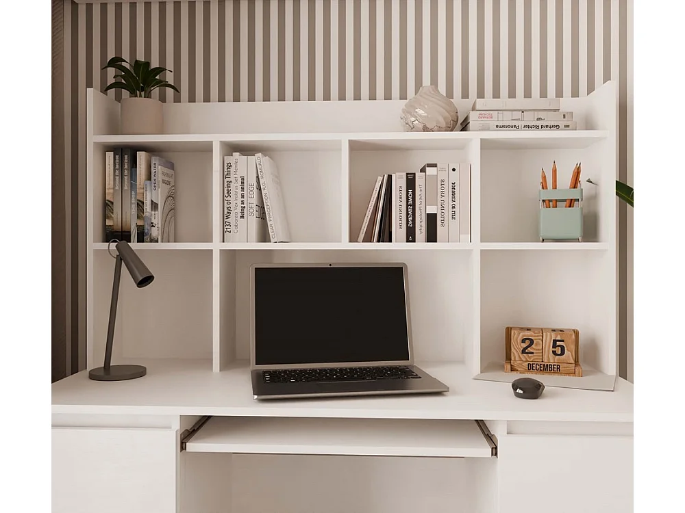 Kuba - scrivania con soprastruttura – bianco opaco – 6 cassetti + ripiani