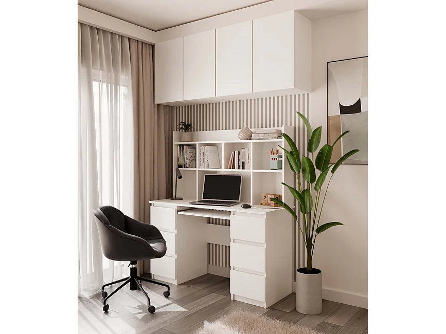 KUBA – Schreibtisch + Erweiterung – Schrank mit 6 Schubladen und Regalböden – 60x120x75 cm – Weiß