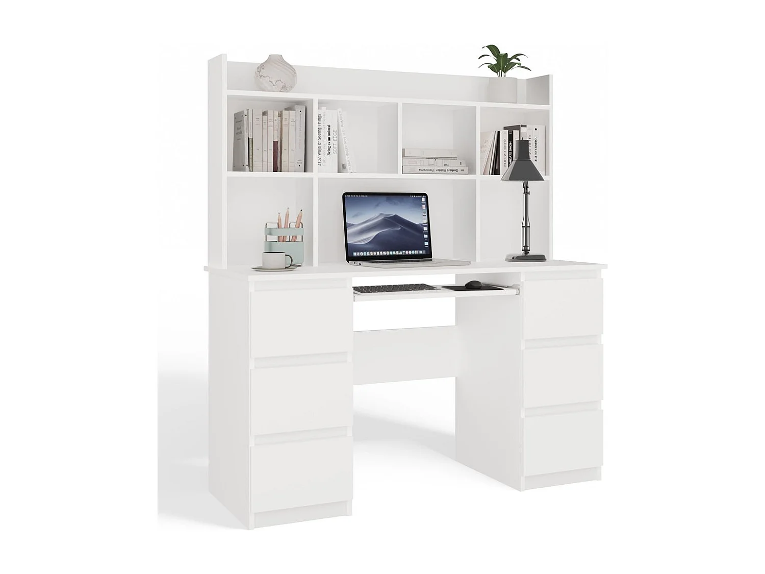 KUBA – Schreibtisch + Erweiterung – Schrank mit 6 Schubladen und Regalböden – 60x120x75 cm – Weiß