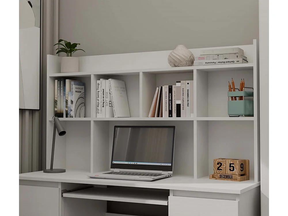 KUBA – Schreibtisch + Erweiterung – Schrank mit 6 Schubladen und Regalböden – 60x120x75 cm – Weiß