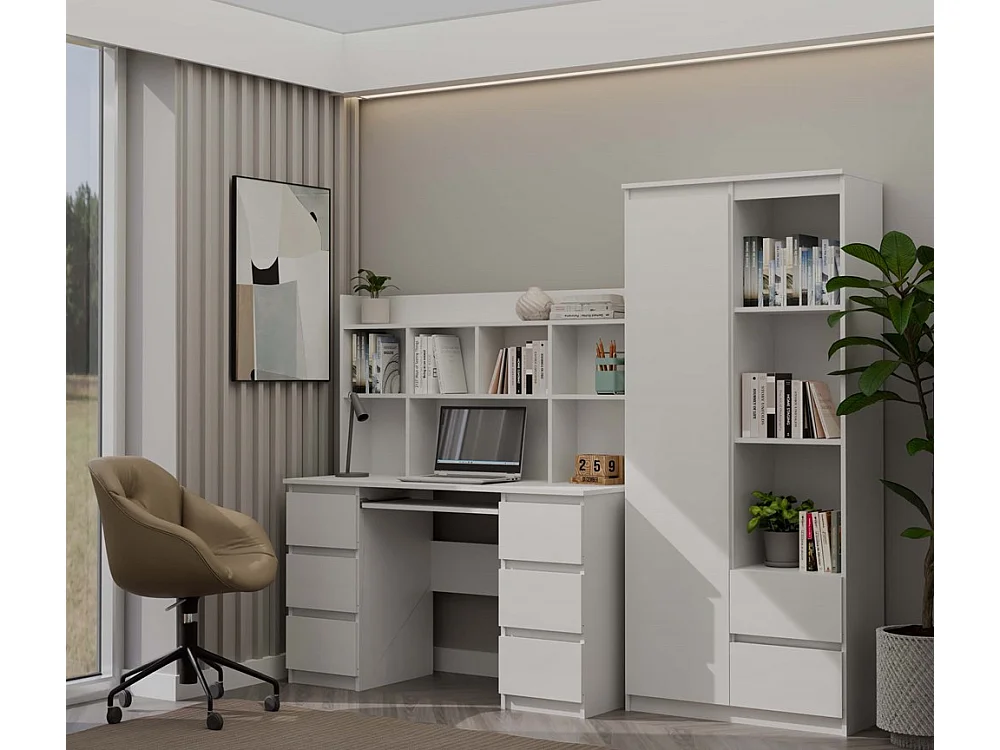 KUBA – Schreibtisch + Erweiterung – Schrank mit 6 Schubladen und Regalböden – 60x120x75 cm – Weiß