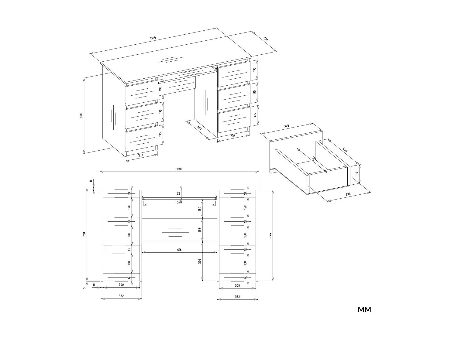 KUBA – Schreibtisch + Erweiterung – Schrank mit 6 Schubladen und Regalböden – 60x120x75 cm – Weiß