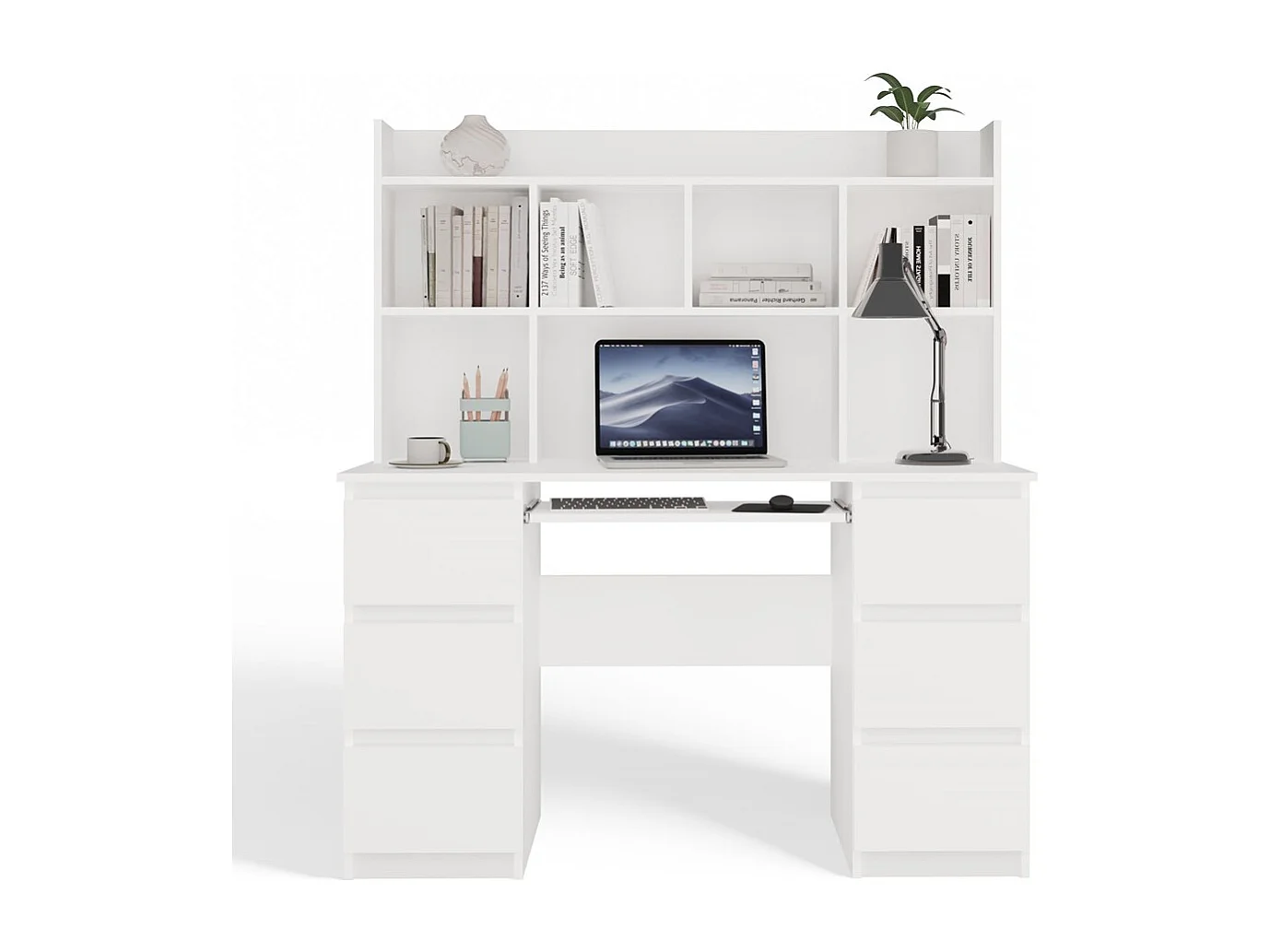 KUBA – Schreibtisch + Erweiterung – Schrank mit 6 Schubladen und Regalböden – 60x120x75 cm – Weiß