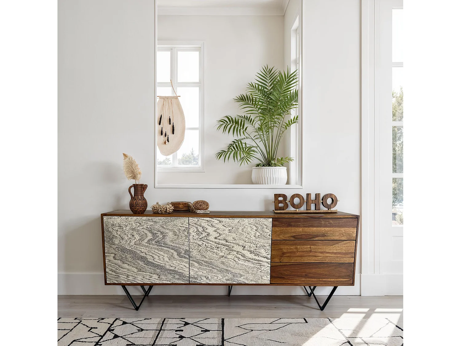 Buffet 175 cm buffet bois massif aspect pierre commode portes tiroirs