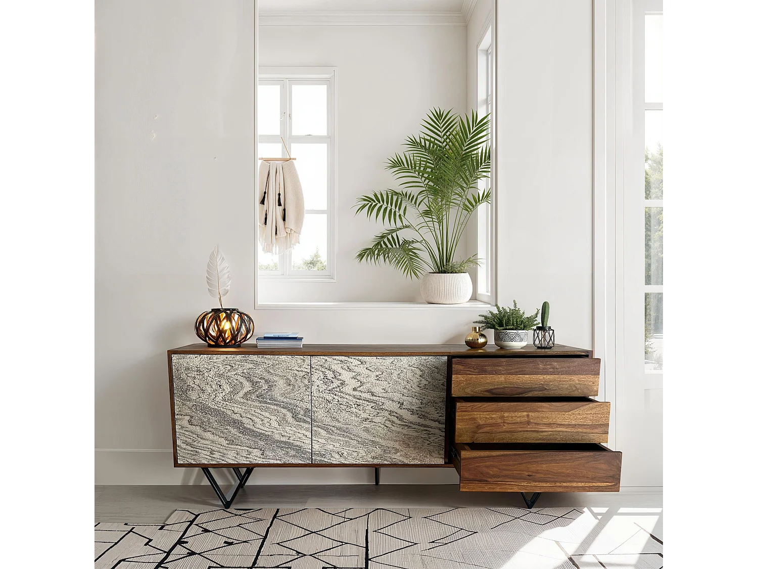 Buffet 175 cm buffet bois massif aspect pierre commode portes tiroirs