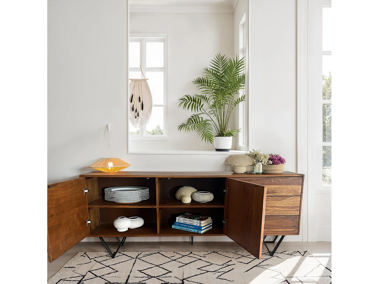 Buffet 175 cm buffet bois massif aspect pierre commode portes tiroirs