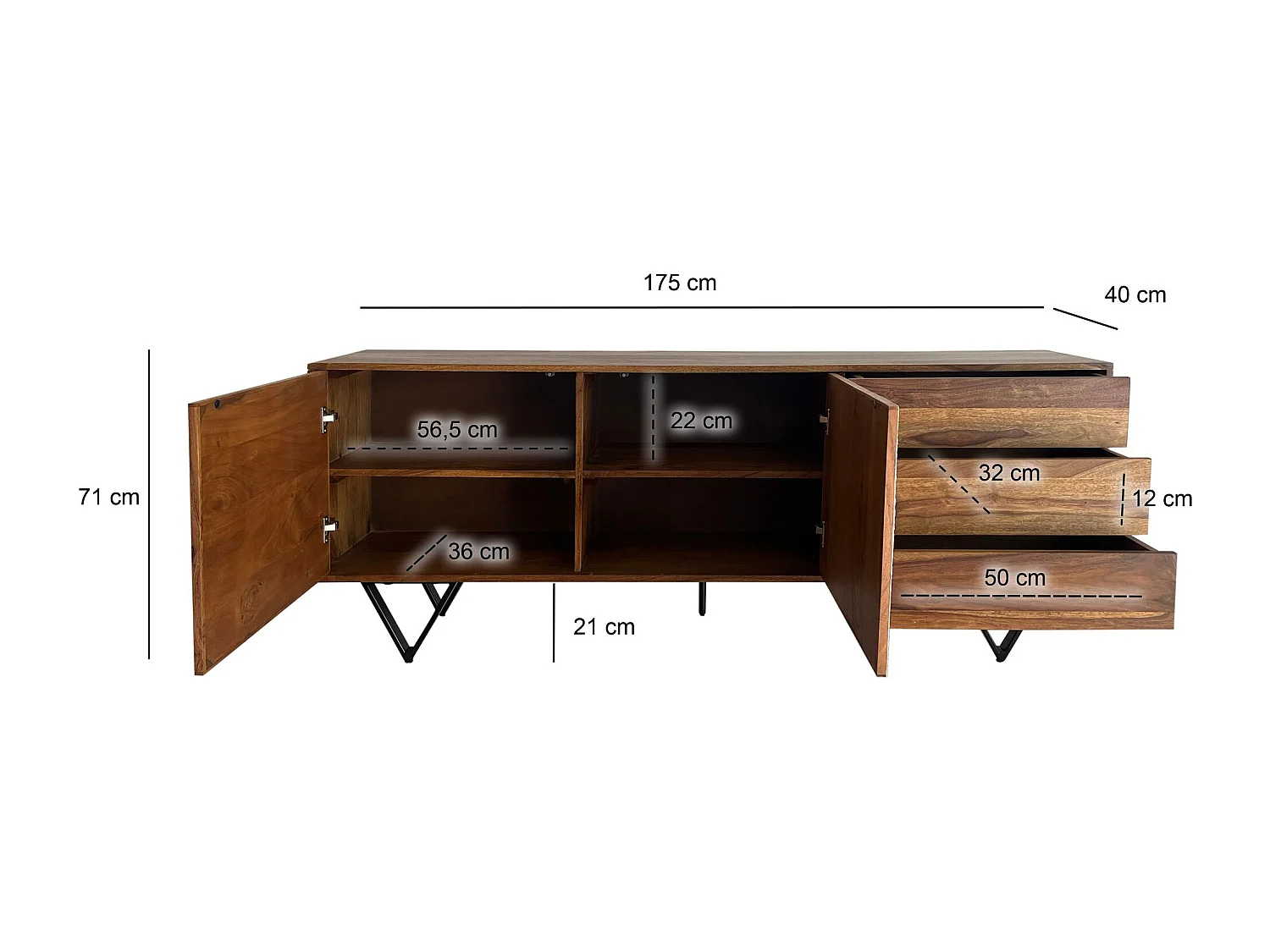 Buffet 175 cm buffet bois massif aspect pierre commode portes tiroirs
