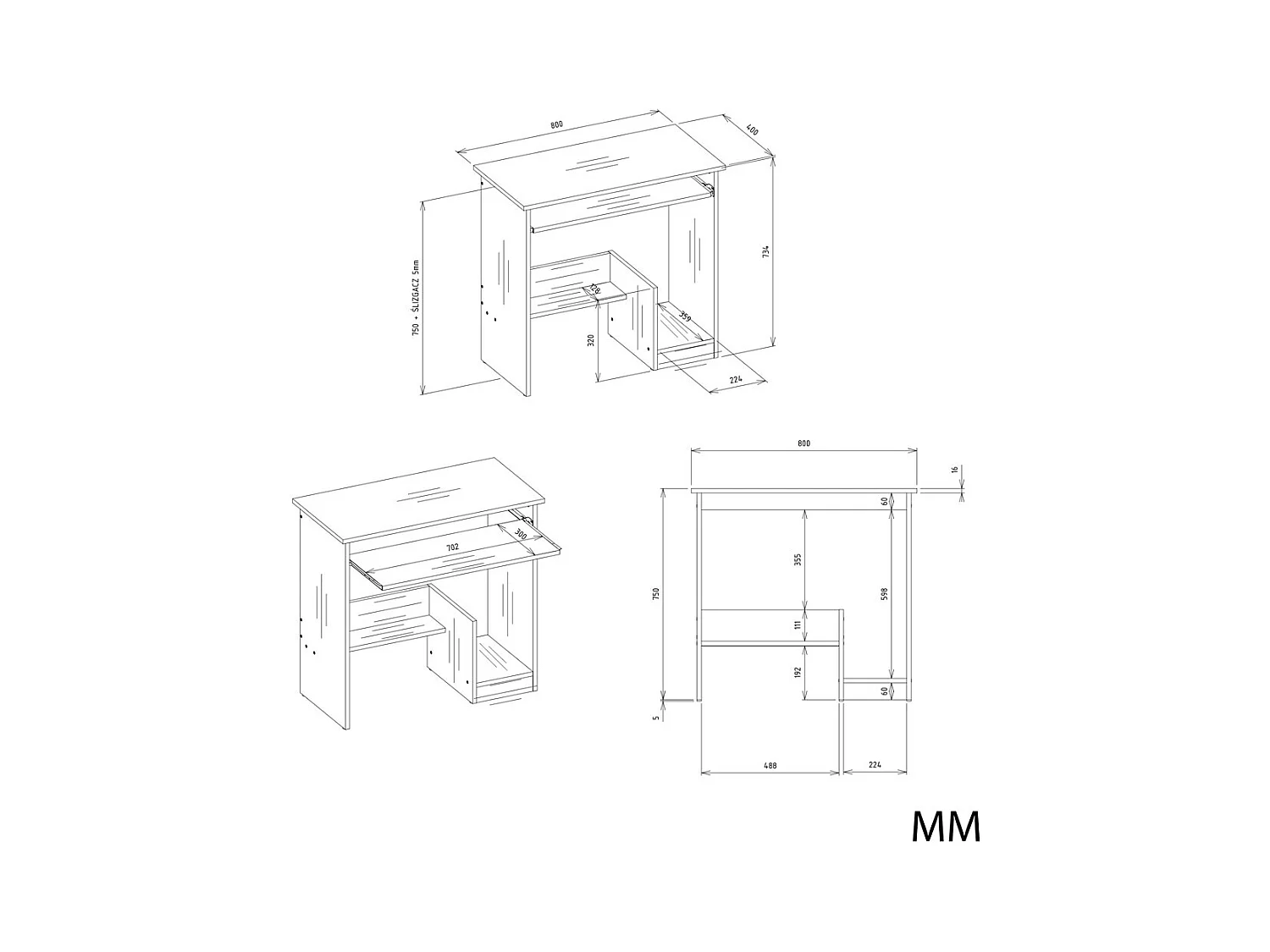ROSA - Bureau avec tablette pour clavier – Blanc mat