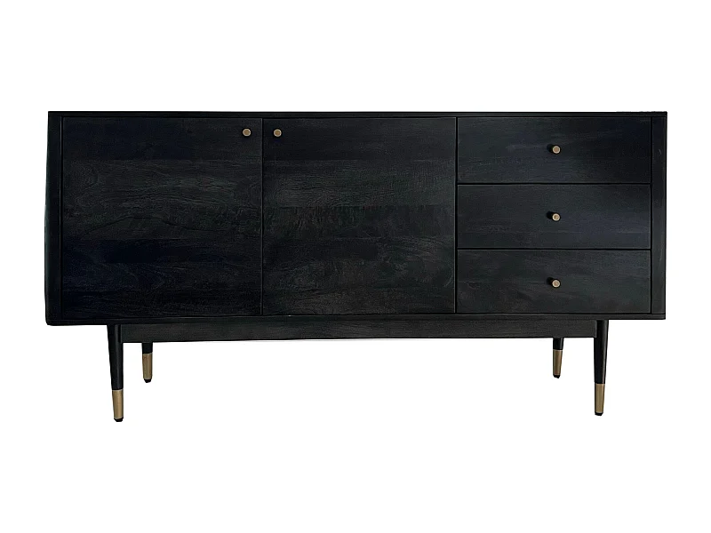 Buffet 160 cm bois massif d'acacia noir commode portes tiroirs salon