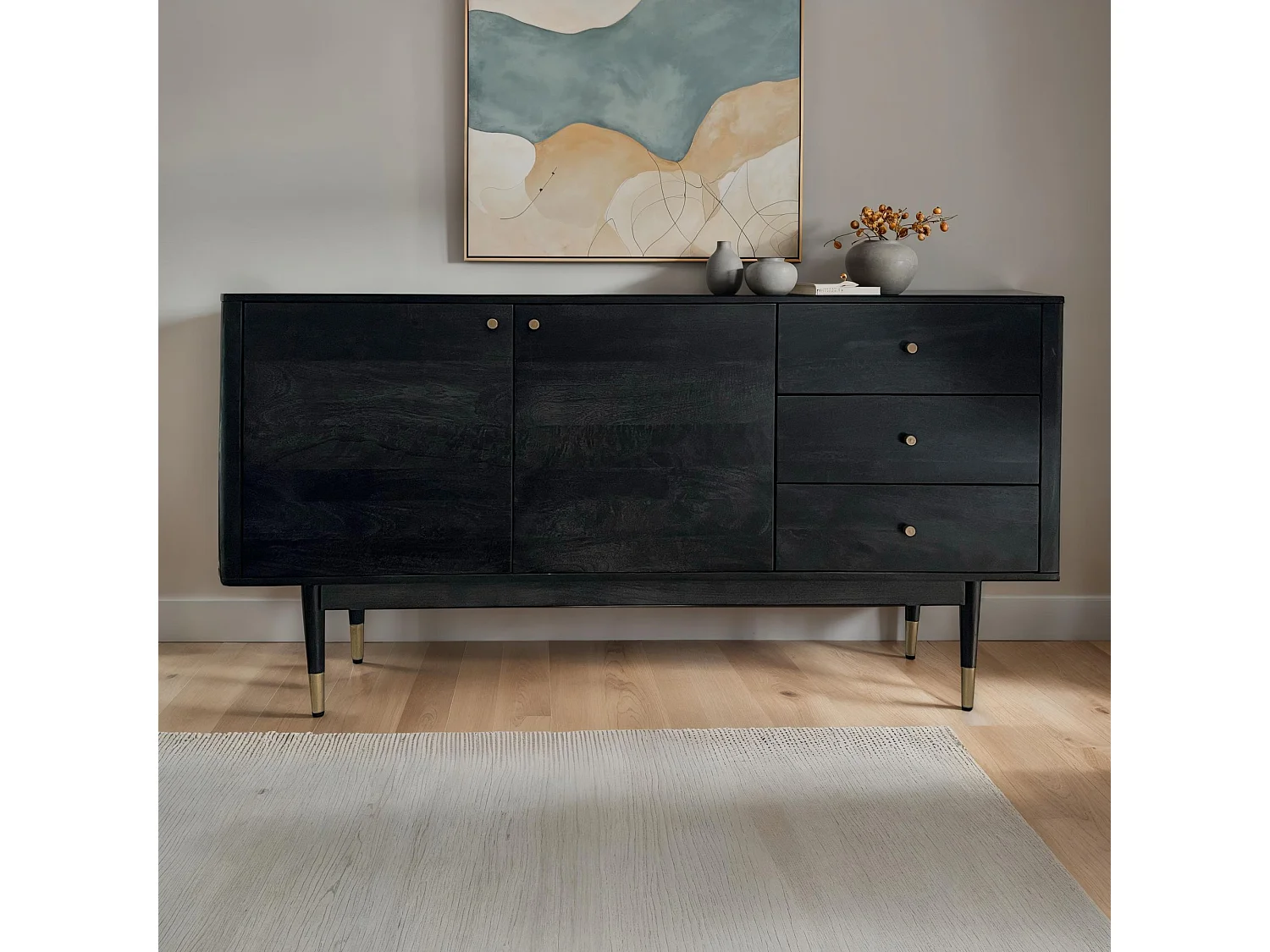 Buffet 160 cm bois massif d'acacia noir commode portes tiroirs salon