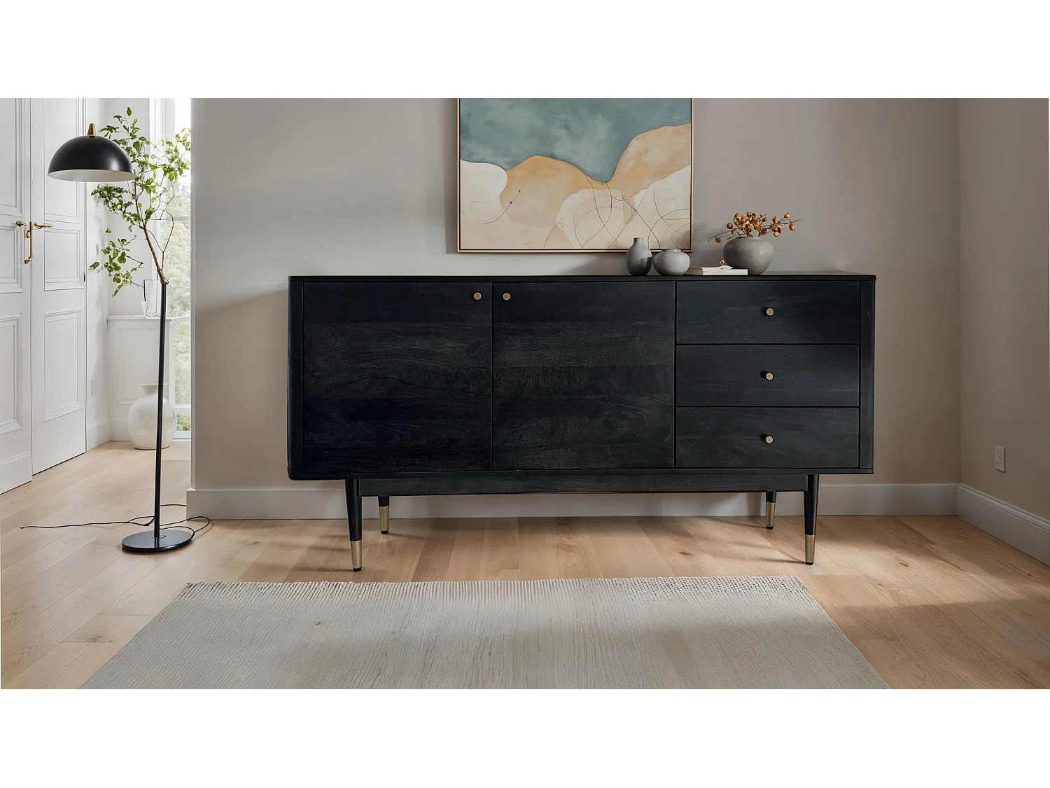 Buffet 160 cm bois massif d'acacia noir commode portes tiroirs salon