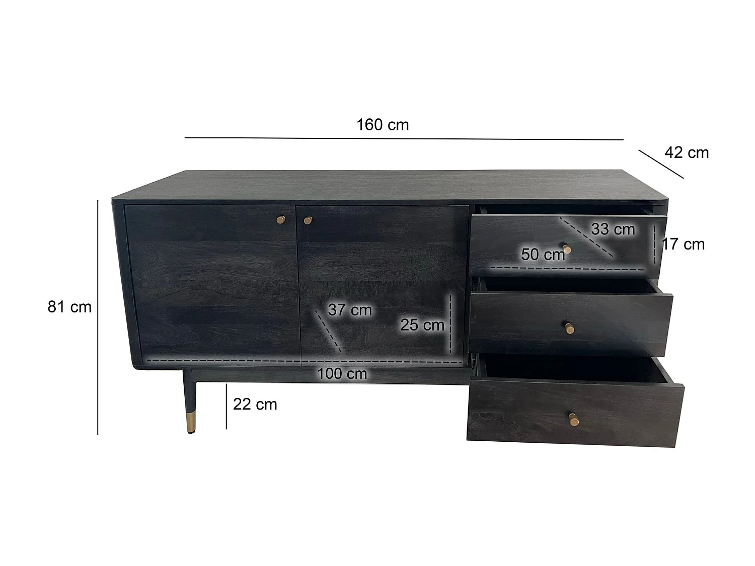 Buffet 160 cm bois massif d'acacia noir commode portes tiroirs salon