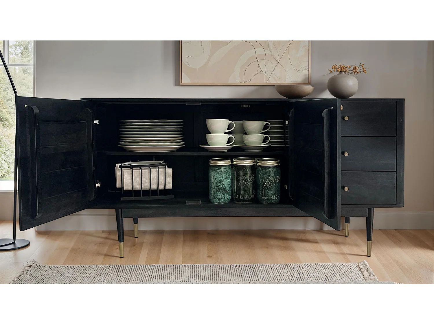 Buffet 160 cm bois massif d'acacia noir commode portes tiroirs salon