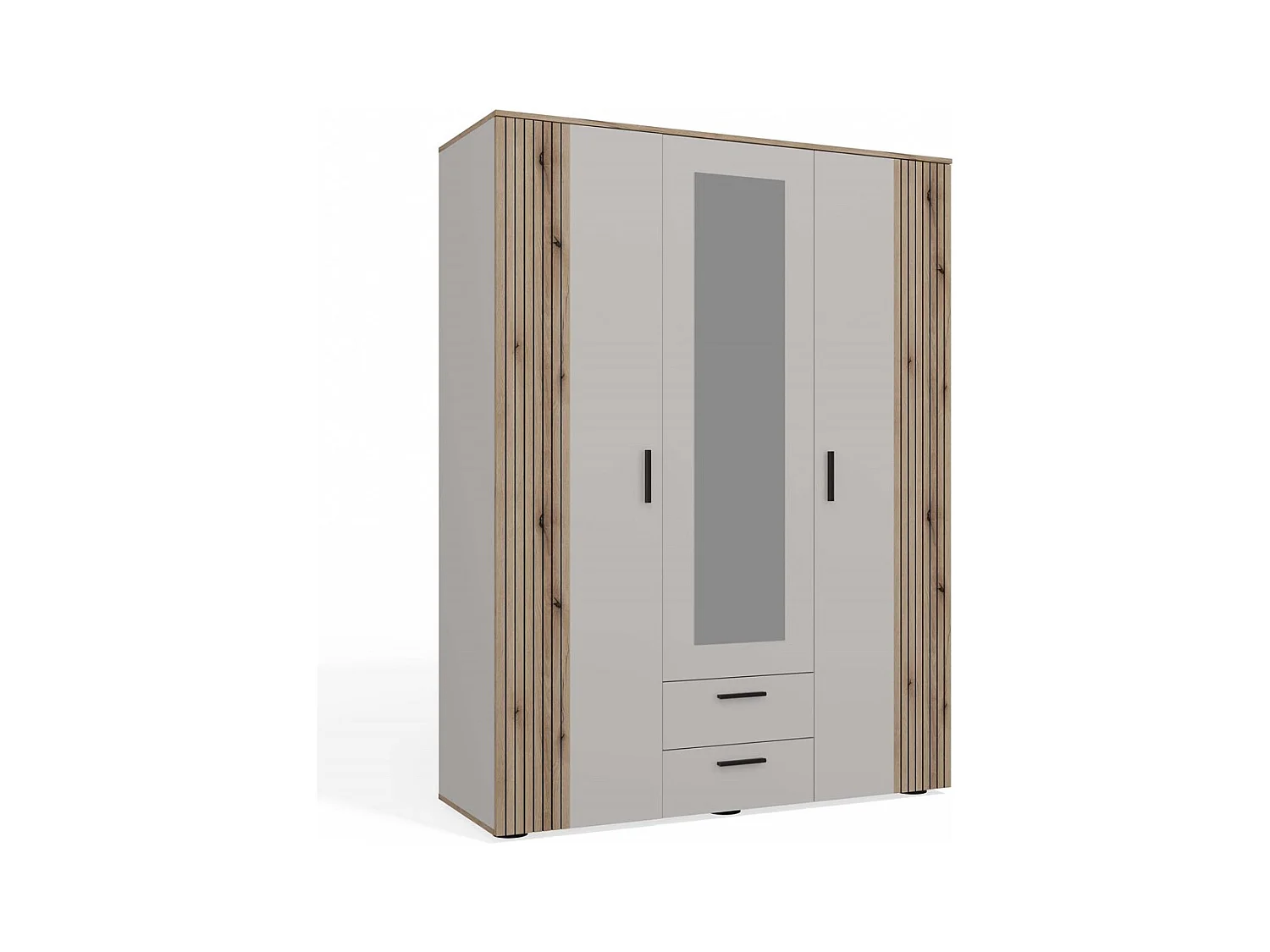 AVA - Armoire 150 cm avec miroir, 2 tiroirs et façade striée en chêne & beige cachemire