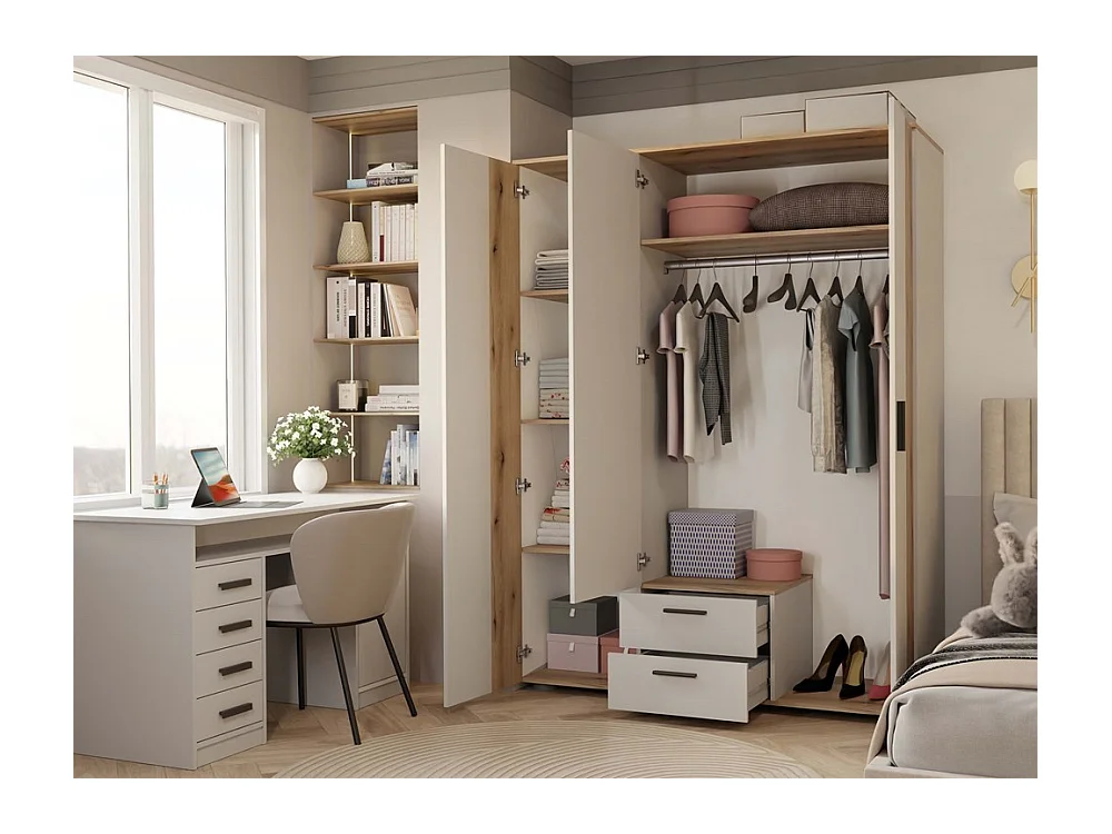 AVA - Armoire 150 cm avec miroir, 2 tiroirs et façade striée en chêne & beige cachemire