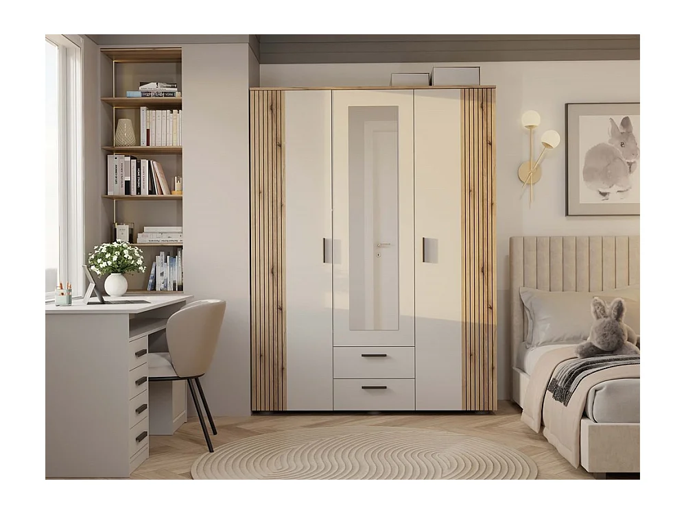 AVA - Armoire 150 cm avec miroir, 2 tiroirs et façade striée en chêne & beige cachemire