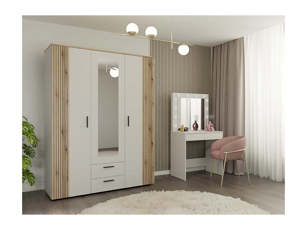 AVA - Armoire 150 cm avec miroir, 2 tiroirs et façade striée en chêne & beige cachemire